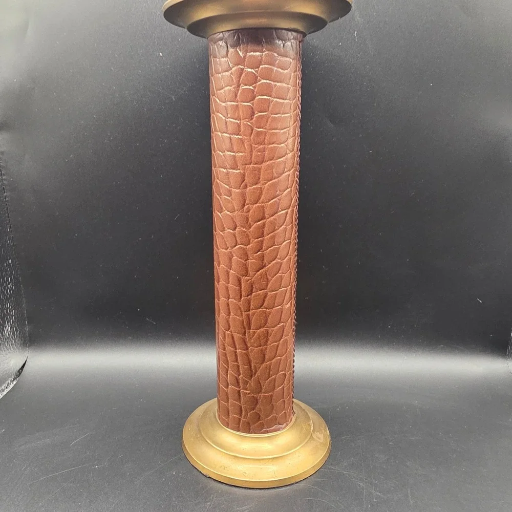 Vintage Brass and Brown Crocodile Leather Pillar Candle Holder Multiple Size 11